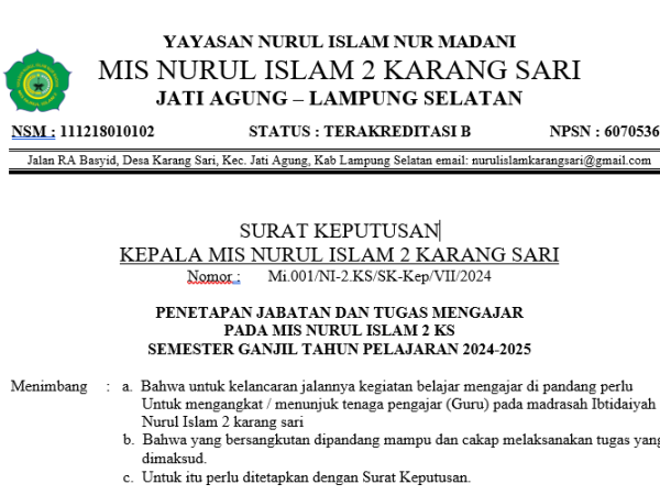 CONTOH SK KEPALA MADRASAH