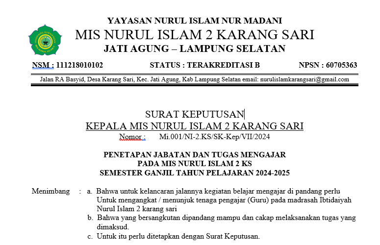 CONTOH SK KEPALA MADRASAH