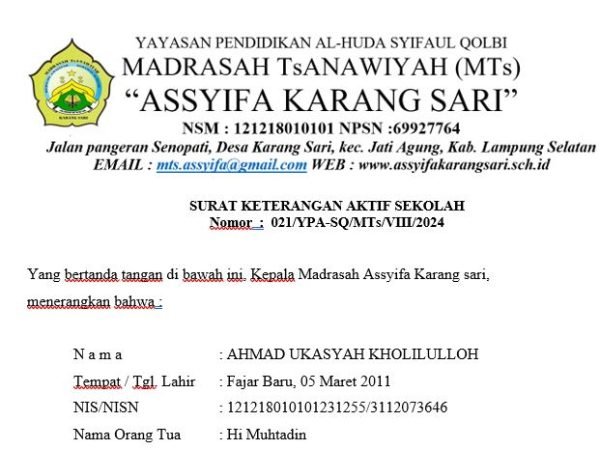 SURAT KETERANGAN AKTIF SEKOLAH