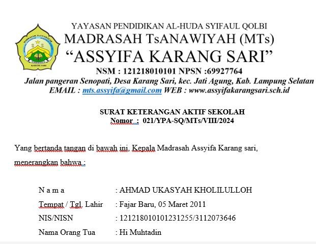 SURAT KETERANGAN AKTIF SEKOLAH