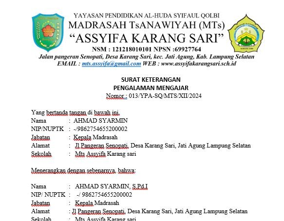 SURAT KETERANGAN MENGAJAR