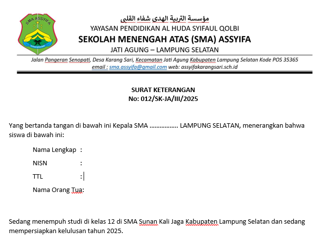SURAT KETERANGAN KELAS 12
